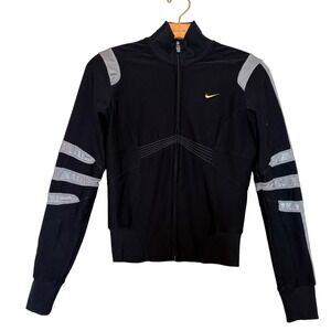 Y2K 90s Nike Dri Fit Track Jacket Black Silver Embroidered Logo Zip Up XS